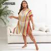 Plus Size Women's Color Contrast Patchwork Woven Hollow Beach Bikini Smock Dress Lace Up