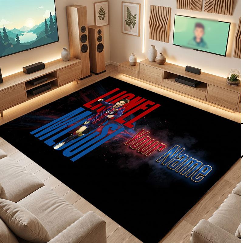 Lionel Messi Custom Crystal Velvet Rug, Personalized Name Text Print, Football Logo Soft Non‑Slip Floor Mat Home Decor Gift