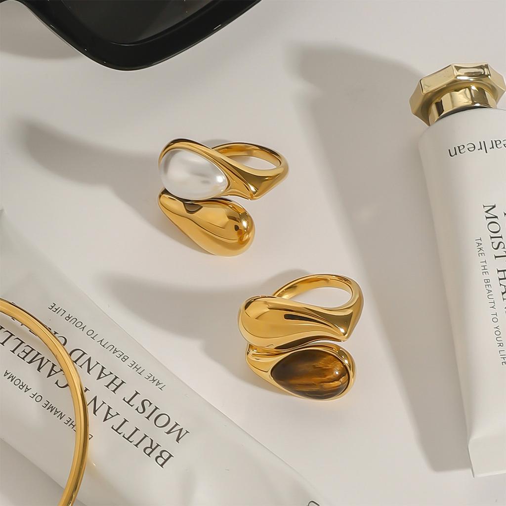 Youthway Винтажное Заявление Золотое Покрытие Нержавеющая Сталь Натуральный Камень Имитация Жемчуга Гладкое Кольцо Для Унисекс Модная Бижутерия Новинка