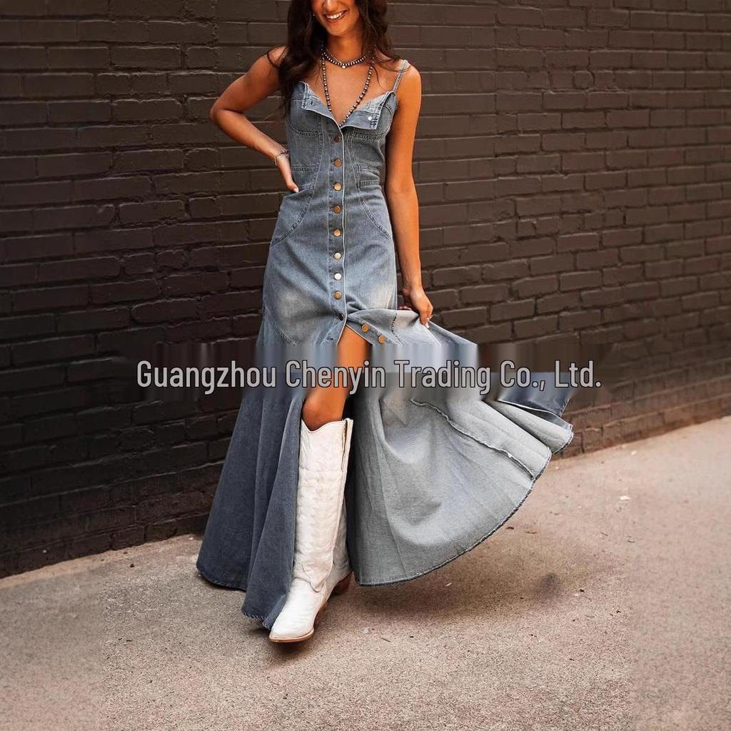 European & American Retro Washed Denim Suspender Swing Dress for Women