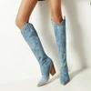 Fashion Denim Western Women Knee Thigh High Boots New 2024 Autumn Winter High Heel Cowboy Long Boots Size 43 Slip On Woman Shoes