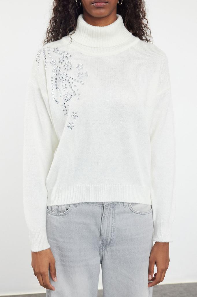 Women's Fashion Stylish Sweater Black Soft Textured Stone Detailed Turtleneck Knitwear Sweater