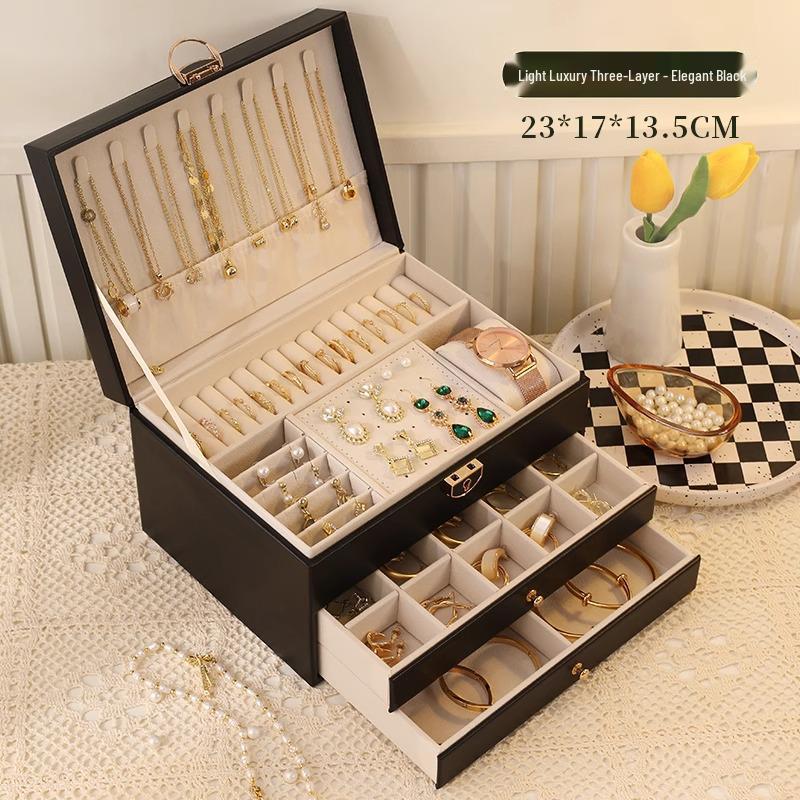 Luxurious Large-Capacity Jewelry Storage Box for Necklaces, Earrings, Bracelets, and Rings In Exquisite Gold Design.
