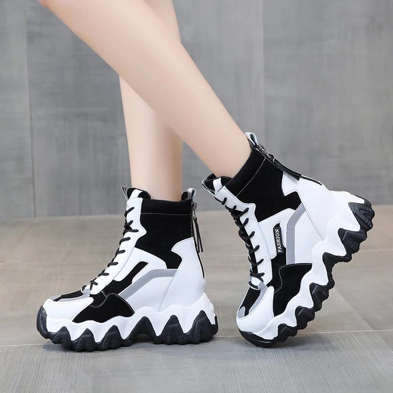 Модные весенние женские ботильоны на толстой подошве, осенние роскошные повседневные ботинки на платформе, женские ботинки на танкетке с каблуком 8 см, женские кроссовки