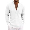 Loose-fit, breathable men’s casual linen shirt with a wide V-neck and a stand-up collar, ideal for outdoor wear