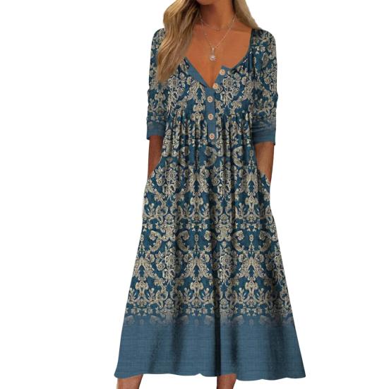 Summer Women Dress A-line Loose Hem Pleated O Neck Button Short Sleeve Loose Side Pockets Retro Floral Print Mid-calf Length Commute Beach Midi Dress