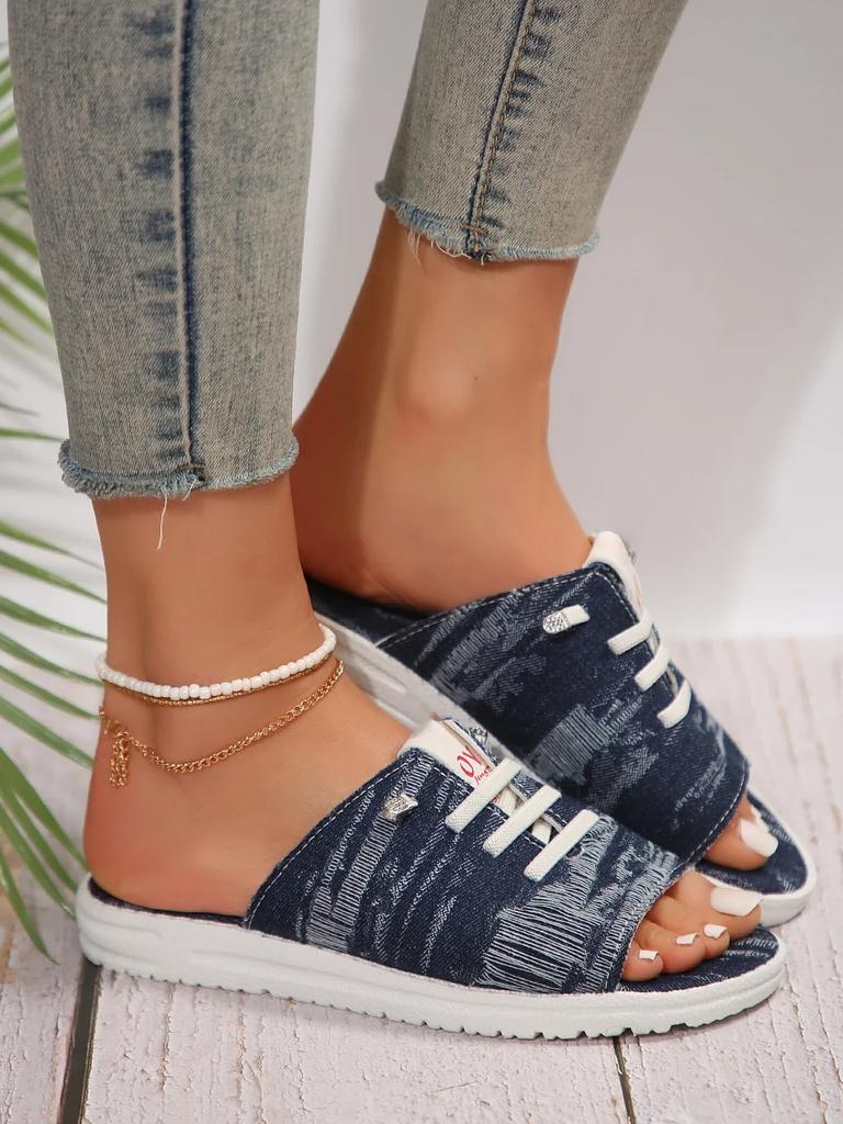 Fashion Women Slippers Canvas Lace-up Open-toed New Flat-Bottom Casual Women Fashion Denim Beach Shoes Sandalias Mujer