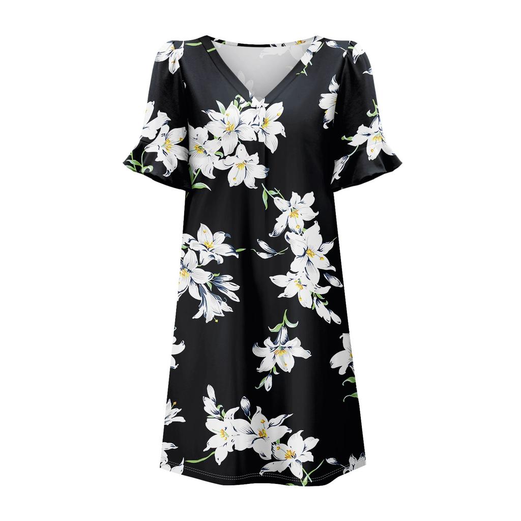 Летние платья для женщин с V-образным вырезом, оборками и коротким рукавом, повседневное свободное платье с принтом, пляжное платье с карманами