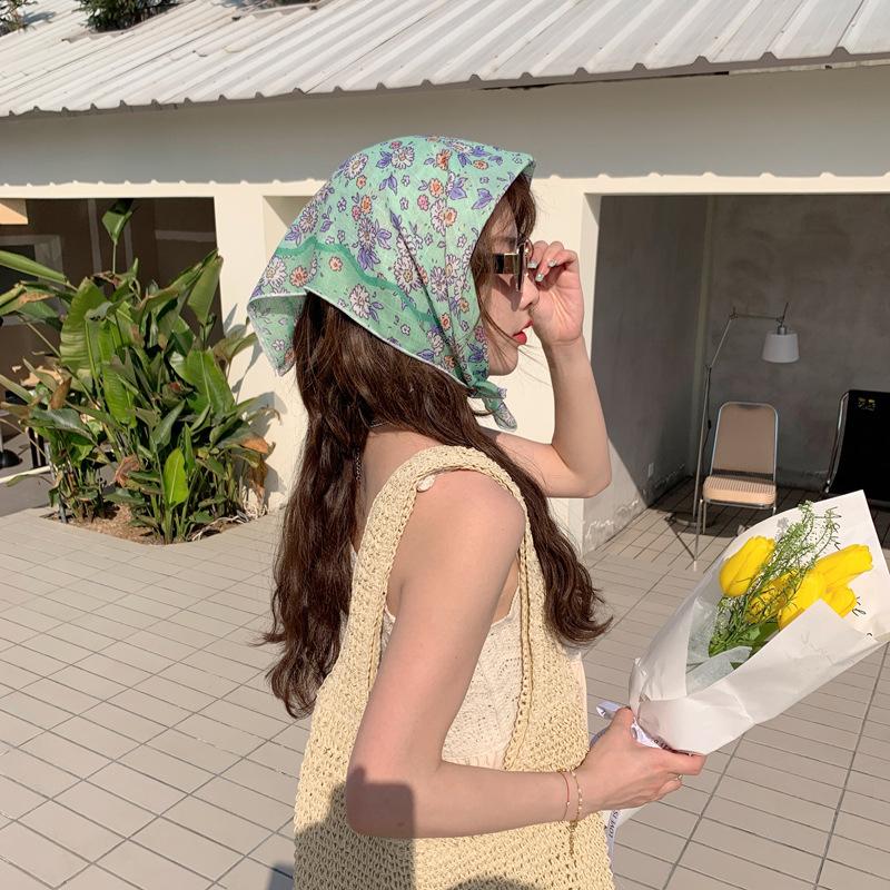 55Cm Sweet Floral Print Small Square Scarf For Women Girl Cute Soft Flower Scarf Hairband Headband Korean Hair Scarves