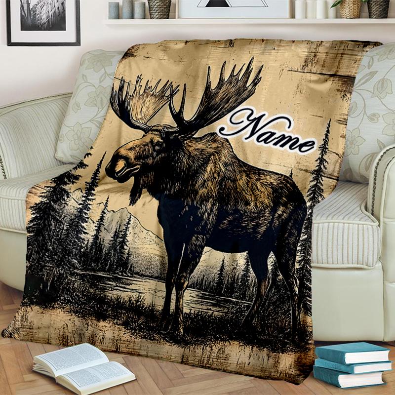 1PC Custom Name Moose Wilderness outdooor Flannel blankets Throw Blanket All-Season Throw Gift Bedspread for Couch, Bed, Camping Holiday Birthday gift