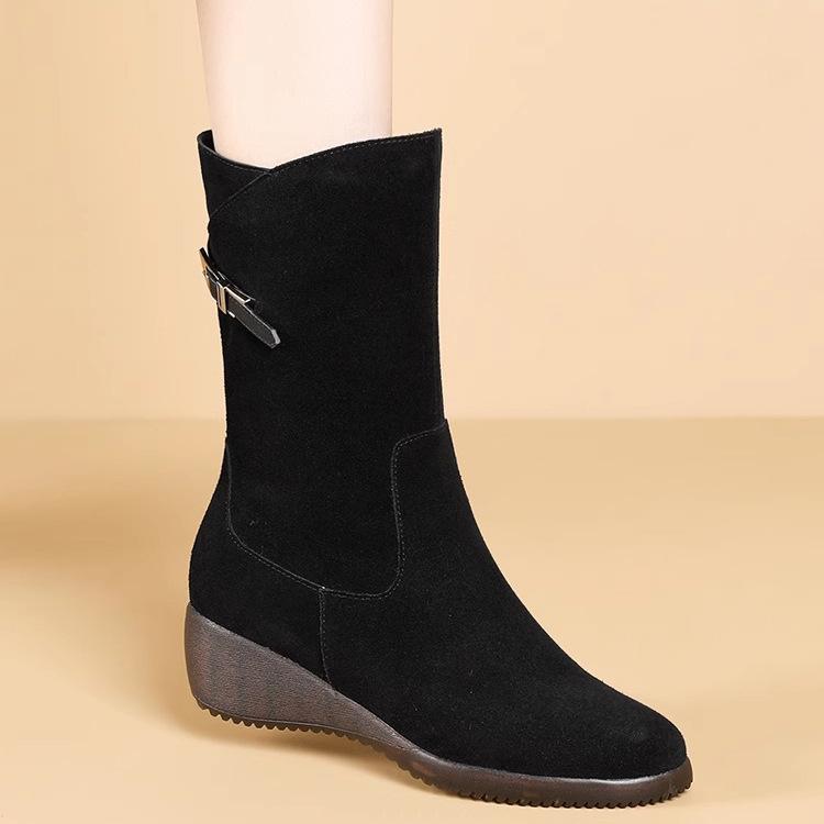 Средние сапоги Осенние и зимние меховые сапоги Удобные мягкие женские сапоги на танкетке