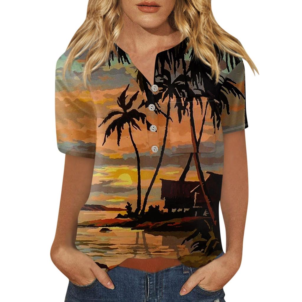 Гавайская рубашка для женщин, модная повседневная рубашка с коротким рукавом и принтом на пуговицах, блузка