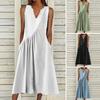 Летнее женское платье с V-образным вырезом, плиссированное трапециевидной формы, свободный подол, лоскутное платье без рукавов, сплошной цвет, боковые карманы, длина до середины икры, повседневное пляжное платье миди, длинный сарафан