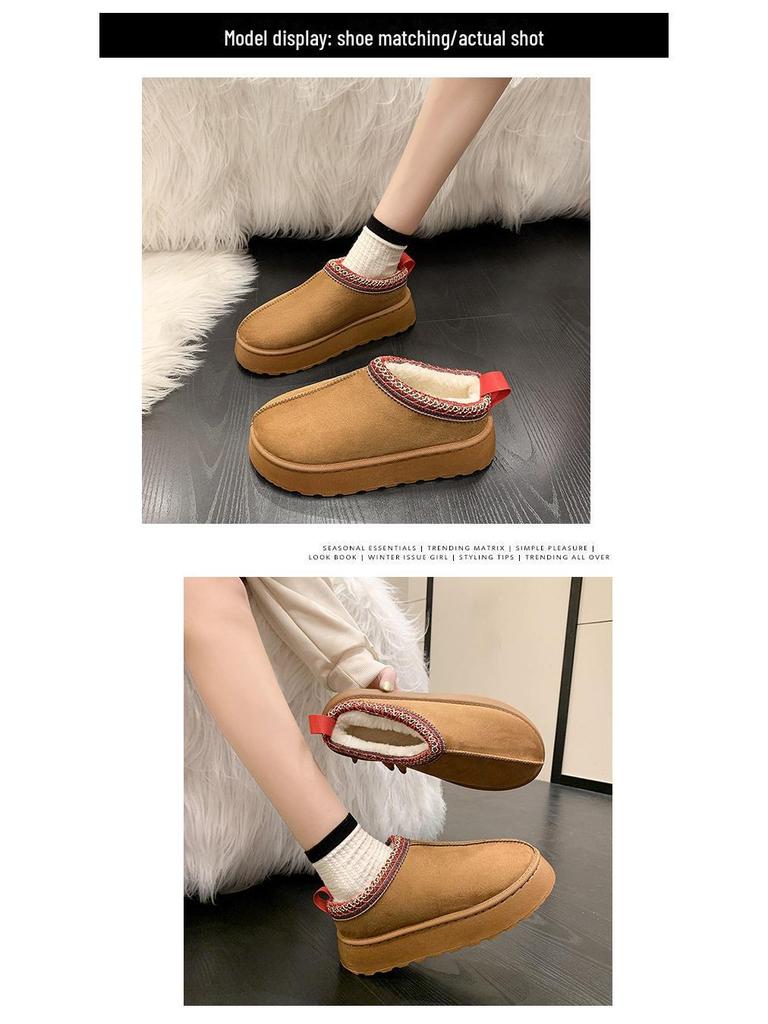 Женские зимние сапоги с меховой отделкой 2023 г.: Уличные тапочки на толстой подошве, осенне-зимние, полузакрытые, с бархатной подкладкой
