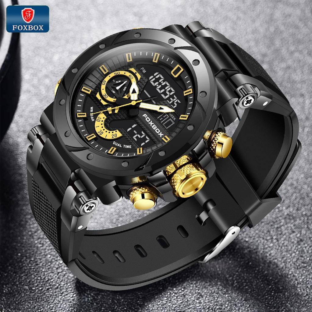 LIGE Sub-brand FOXBOX Fashion Digital Watch Men Dial Dual Display Outdoors Waterproof Sport Luminous Silicone Wristwatch