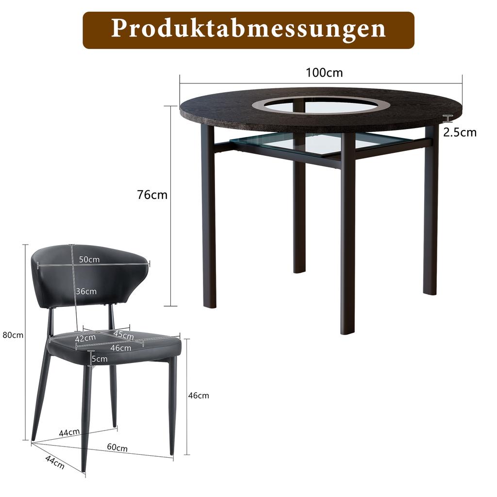 Minimalist round table set (with 2 black armchairs made of PU material and curved comfort backrest), with 100 cm diameter in black wood look.