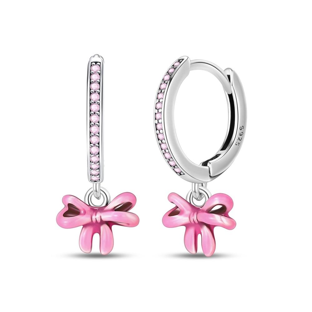 Новые медные серьги-пусеты в виде розовых бантиков с блестками и серьги-кольца с подвесками-паве для девочки, милые романтические украшения в подарок