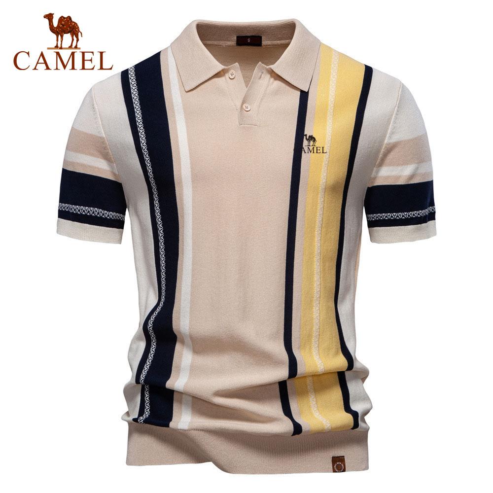 Camel 2025 Summer Embroidery New Men's Lapel Short Sleeved Knitted Polo Striped Patchwork Plus Size Short Sleeved Polo Shirt for Men