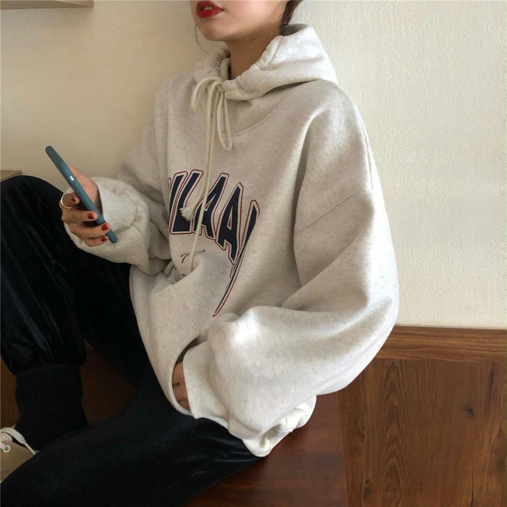 Осень и зима новый корейский вариант флисовый свитер с капюшоном женский свободный корейский вариант модный студенческий топ куртка женская одежда