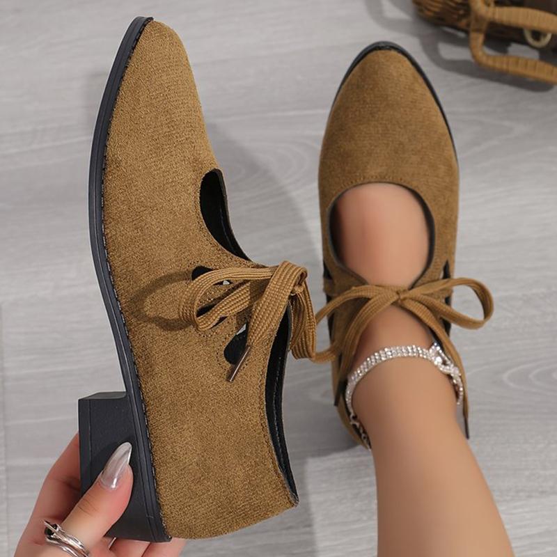 Faux Suede Mid Heel Pumps Women Hollow Out Lace Up Loafers Shoes Woman 2025 Pointed Toe Plus Size Heels Shoes Ladies