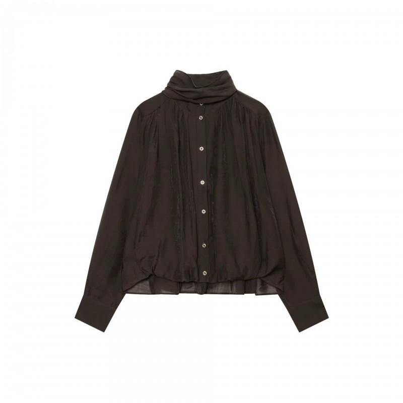 Womens French Hepburn Style Solid Color Scarf Collar Shirt Long Sleeve Casual Top