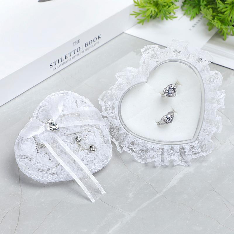 Ring Box Heart Wedding Lace Holder Pillow Ceremony Pillows Jewelry Bearer White Shape Boxes Pearl Rhinestone Case Love Proposal