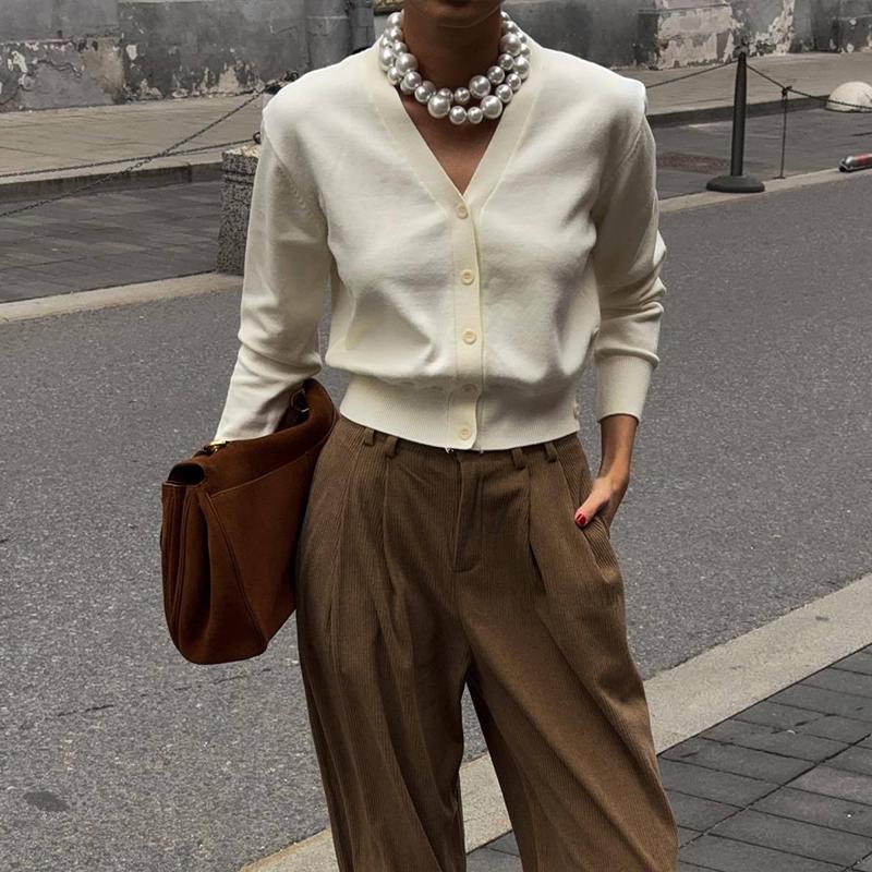 Вязаные кардиганы с V-образным вырезом, женские шикарные однобортные свободные элегантные однотонные свитера для женщин 2025 года, повседневные топы с длинным рукавом для женщин