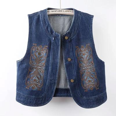 Жилет для женщин Хлопковые топы без рукавов Оверсайз Повседневный на пуговицах Джинсовая вышитая куртка