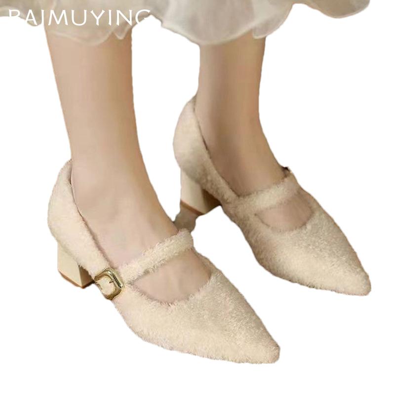 Женские туфли на толстом меху с острым носком, элегантные туфли на среднем каблуке 2025 года, дизайнерские туфли-лодочки с пряжкой, зимняя мода Mujer Zapatos