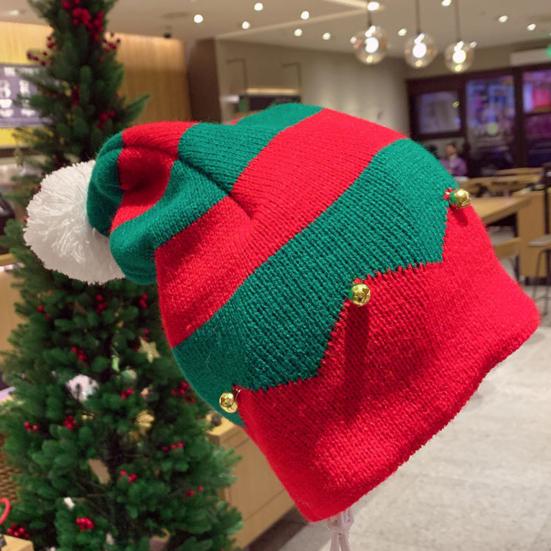 Christmas Hat with Bells Plush Ball Decor Red Green Patchwork Color Breathable Santa Claus Hat Daily Party Wear
