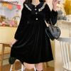 Женское мини-платье в японском стиле Лолиты на весну и осень с воротником Питера Пэна и кружевом, черное бархатное платье с длинным рукавом, готическое вечернее платье