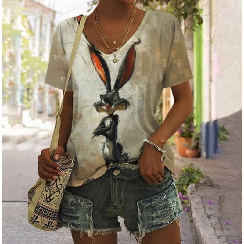 Summer V-neck 3D Animal Flower Printed Top Fashionable Casual Short Sleeved Women's T-shirts