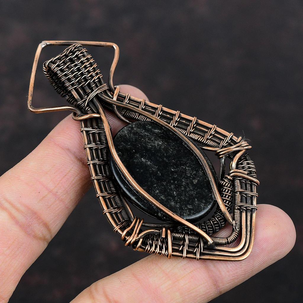 Серебряный блестящий обсидиановый кулон, медная проволока, обернутая кулоном, драгоценный камень, медные украшения, ручная работа, дизайнерский кулон, проволочная обертка, ювелирное изделие, подарок для нее