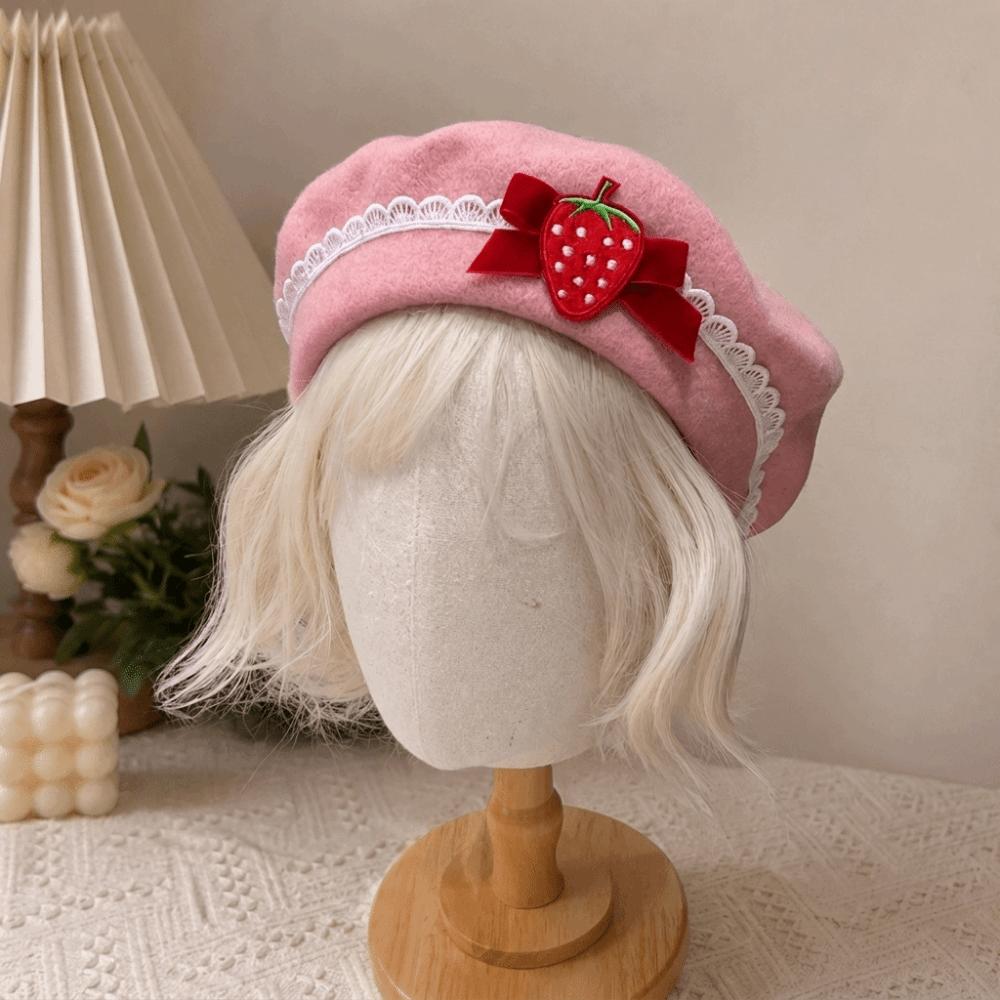 Lace Edge Knitted Beret Soft Bow Beret Versatile Style Wool Beret Daily Wear