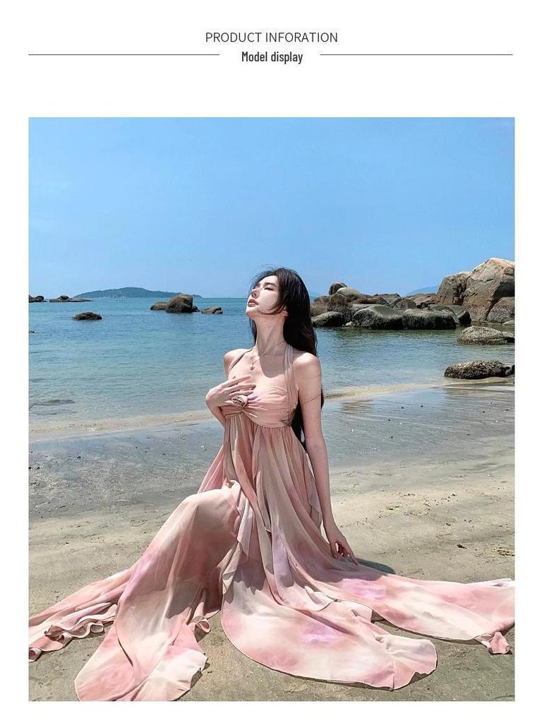 Элегантное платье без спинки с оборками и халтером во французском стиле для женщин - Идеально для летних приморских отпусков