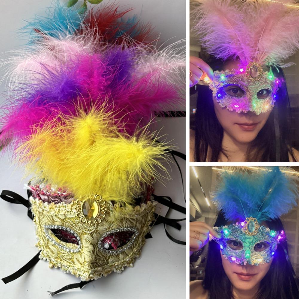 Plastic LED Glowing Mask Lace Venice Masquerade Mask Princess Feather Mask Party Supplies