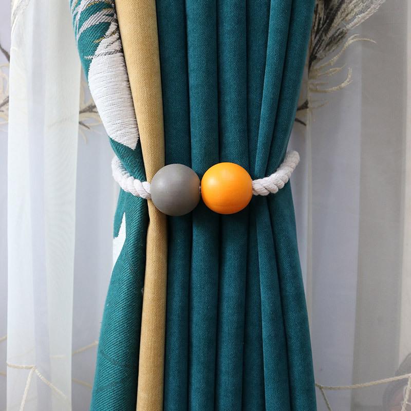 Hole-free curtain straps, decorative wooden bead magnetic buckles, creative wooden macaron curtain magnet buckle straps