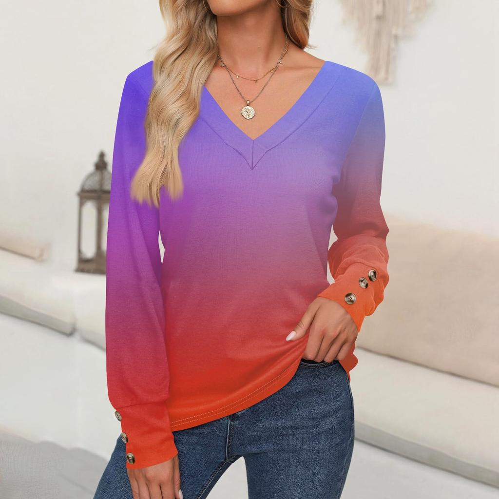 Women's Tops Gradient Printed Long Sleeve Shirt V Neck Casual Loose T-Shirt Autumn Clothing