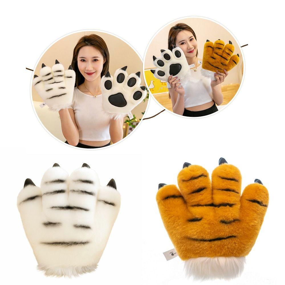 Fluffy Texture Plush Gloves Striped Design Costume Mittens  Cosplay Costume Accessories