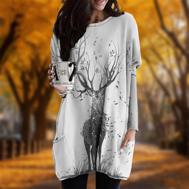 New In Autumn Fallen Deer Print Plus Size Dress Women O'neck Long Sleeves Casual Pocket Dresses
