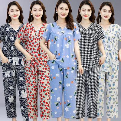 Женские пижамы с короткими рукавами и длинными брюками, летняя тонкая домашняя одежда из синтетического хлопка для пожилых мам для мам
