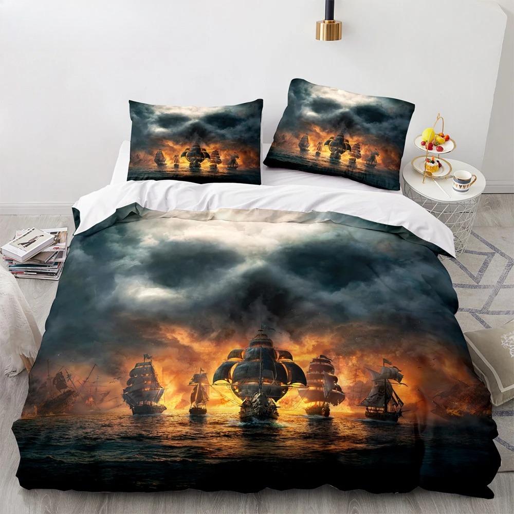 Винтажный пододеяльник с изображением парусника, короля и королевы, комплект постельного белья с изображением океана для подростков и взрослых, с изображением корабля и огня, черный, 2/3 шт., полиэстер, пододеяльник