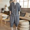 Men's Summer Linen T-Shirt & Seven-Point Pants Hanfu Set - Loose Fit, Plus Size