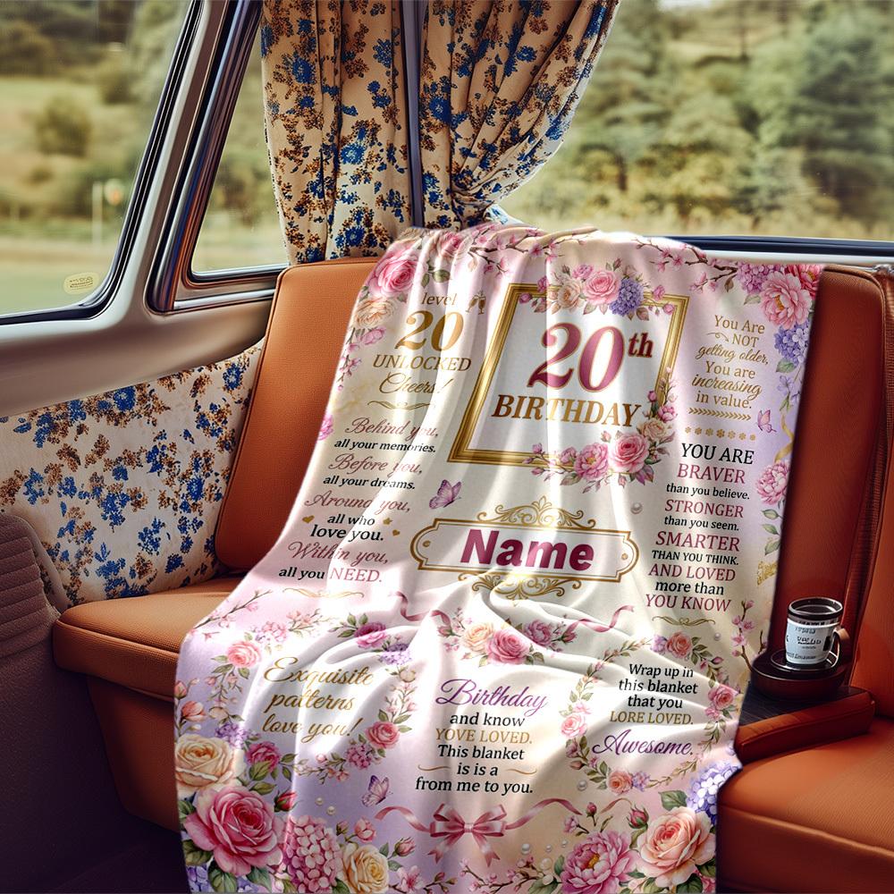 20Th Birthday Floral Celebration Blanket Personalized Name Soft Comfortable Stylish Blanket Car Blanket Perfect For Travel Camping Outdoor Home