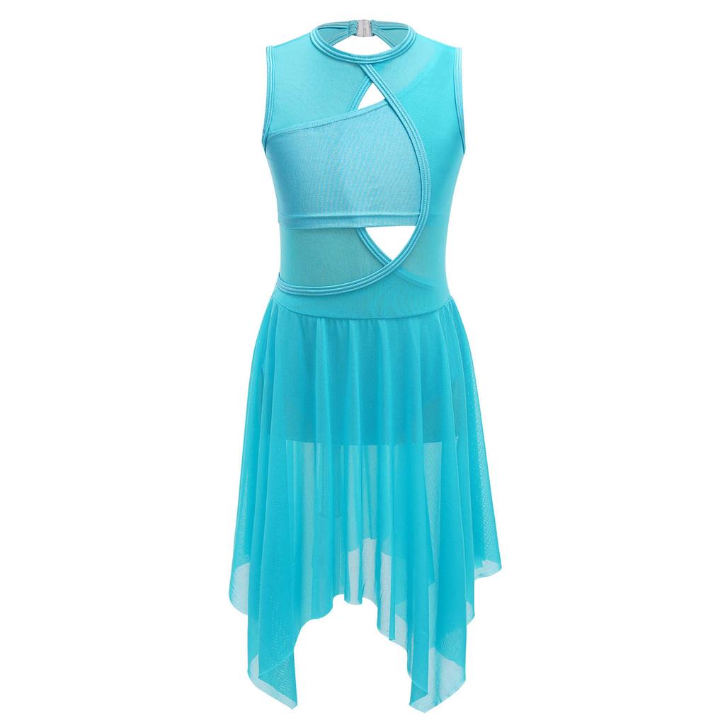 Girls Sleeveless Spandex Mesh Criss Cross Hollow Backless Dance Dress