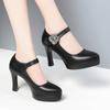 Women's Pumps Pointed Toe Office Soft Leather Flower Buckle Strap Platform High Heels Four Season Shallow Mouth Single Shoes