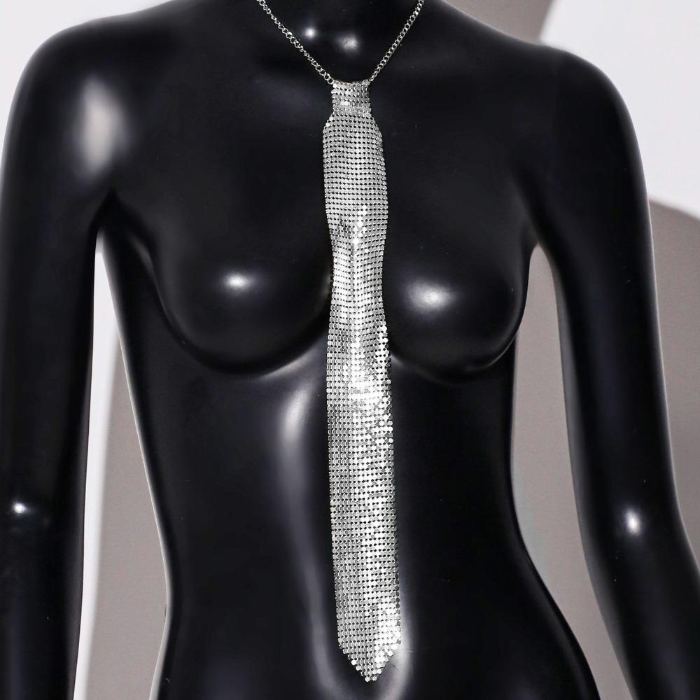 Fashion Narrow Crystal Rhinestone Neck Tie Adjustable Necklace Metal Sequin Necktie Soft Gold Glitter Cravat Suit Accessories