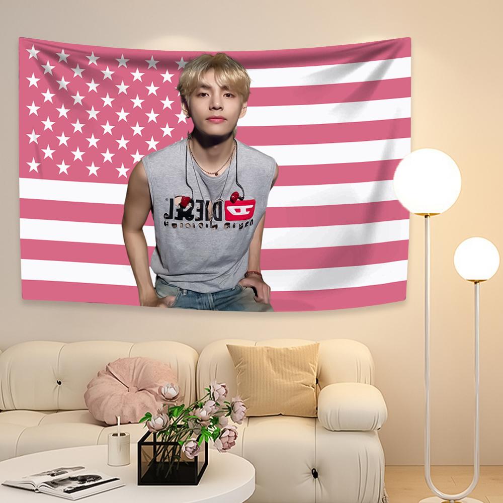 Taehyungs American Flag Tapestry Kpop Idol Home Decor Wall Hanging Bedroom Background Indoor Outdoor Decor Concert Banner