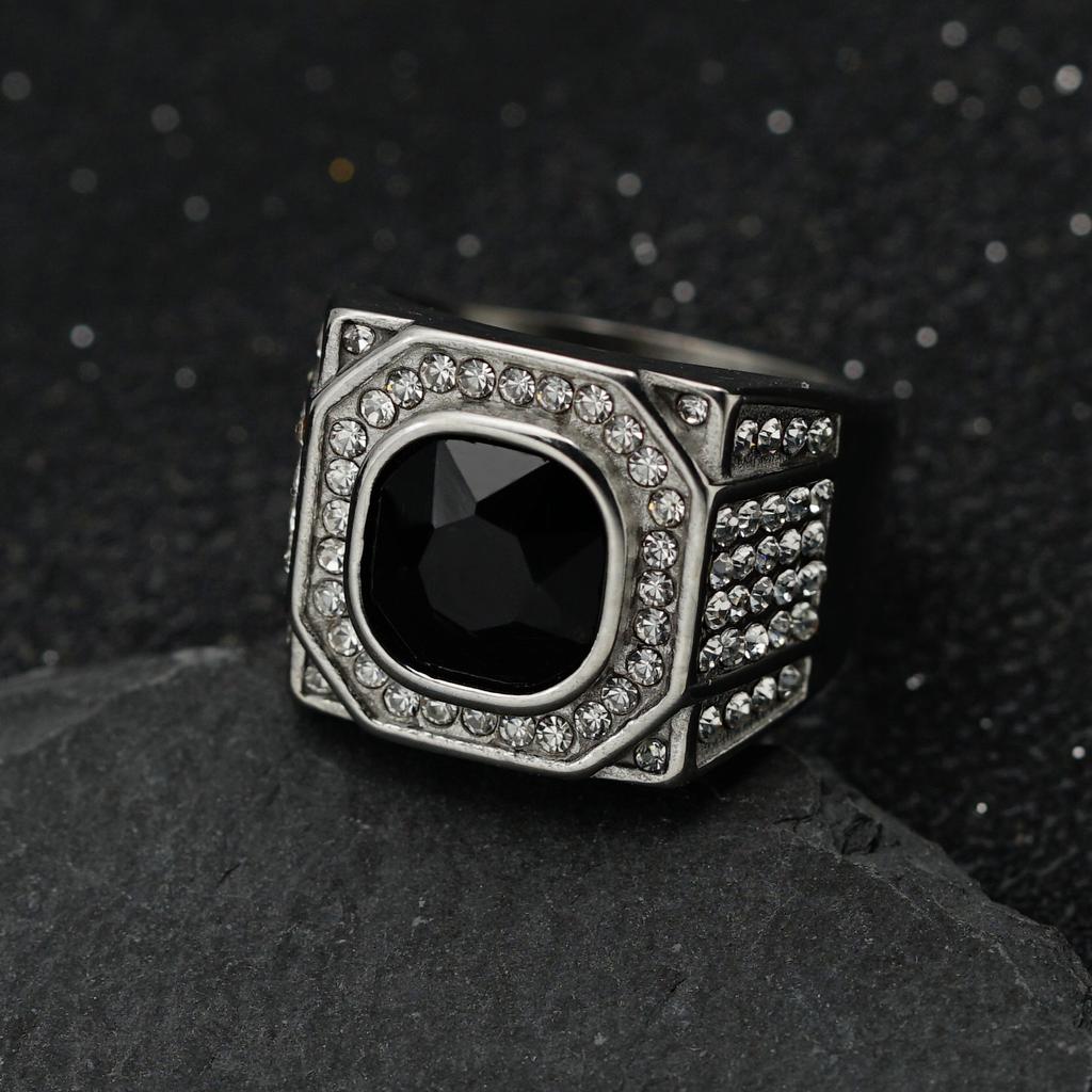 Hip Hop Bling Iced Out Stainless Steel Square Rings for Men Gold Luxury Plated with Diamond Rapper Jewelry