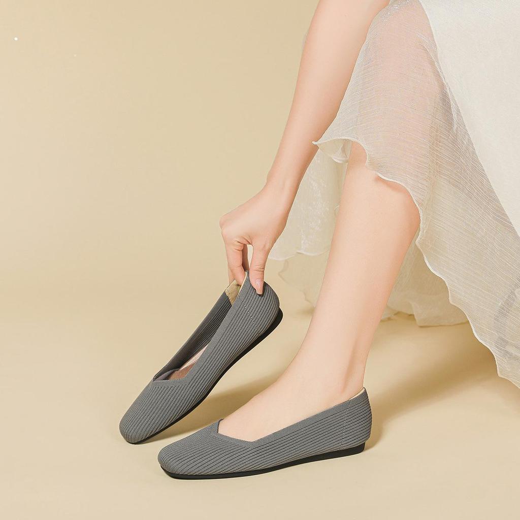 Квадратный носок, неглубокий вырез, ткань, плоская подошва, однотонный трикотаж, мягкая подошва, большой размер 34-43